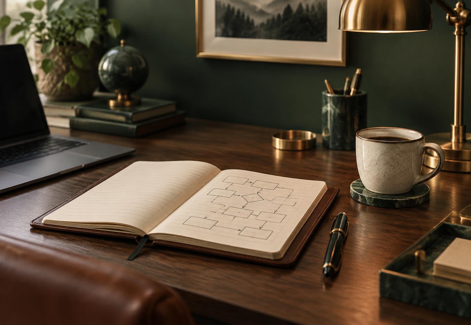 An organized desk with a notebook showing a hand-drawn process map